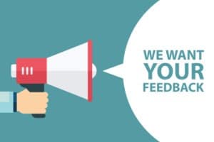 "We want your feedback!" megaphone