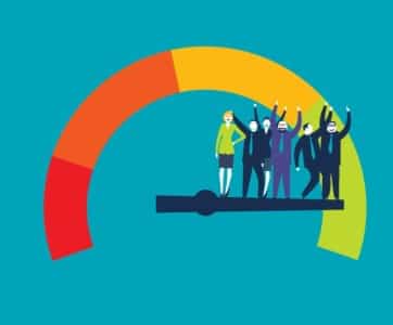 Ddetailed illustration of a customer satisfaction meter with businesspeople,