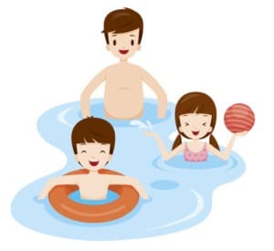 Image of a dad and two children swimming together.