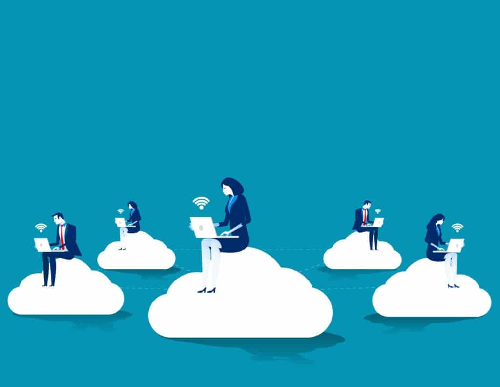 illustration of people sitting on clouds with laptops