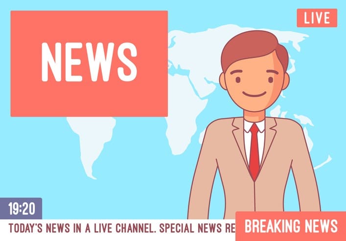 TV news anchorman. Young man, main news reader on a television program, media industry worker reports from a studio on screen current events and information. Vector line art illustration