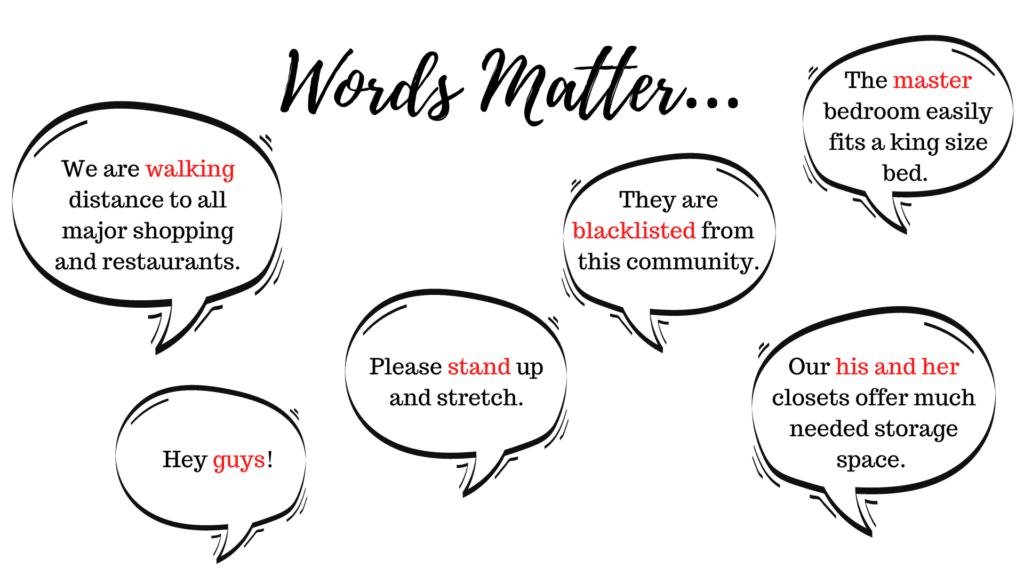 Words Matter graphic, with examples of seemingly innocuous phrases that are not inclusive