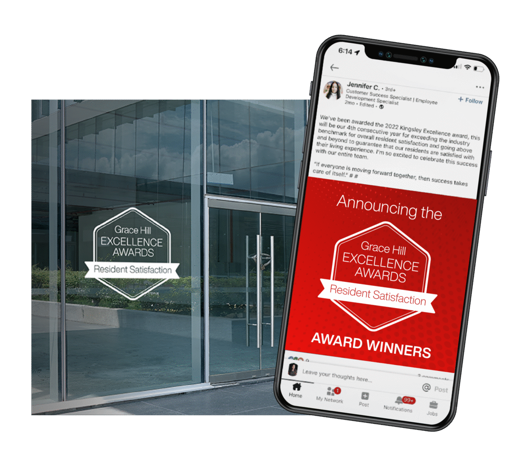 grace hill excellence award window cling and iphone mockup