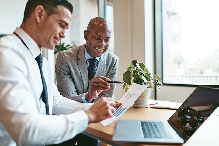 Two diverse businessmen going over graphs together in an office
accounting, adults, african, african american, black, business, businessmen, career, caucasian, chart, colleague, copy space, corporate, coworker, diverse, diversity, employee, entrepreneur, entrepreneurship, executive, finance, financial, graph, invest, manager, men, multiethnic, occupation, office, office worker, paperwork, people, reading, smiling, staff, startup, success, table, talking, team, teamwork, together, two, white, work, working, workplace
Two smiling diverse businessmen discussing charts and graphs on paper and using a laptop while sitting at a desk in an office