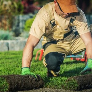 Landscaper implanting new grass at a multifamily apartment complex.