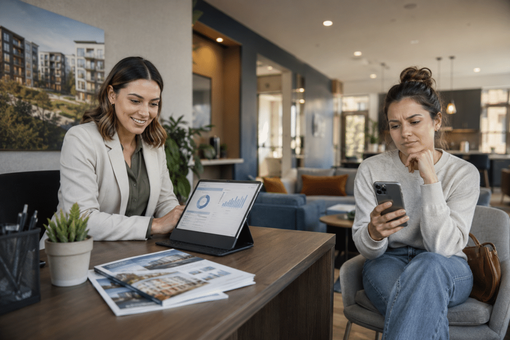 A leasing agent sits at a desk in a modern apartment leasing office, smiling as she reviews analytics on a tablet, while a prospective resident nearby looks uncertain while checking her phone, illustrating the gap between AI-powered leasing tools and resident experience.