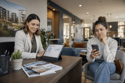 A leasing agent sits at a desk in a modern apartment leasing office, smiling as she reviews analytics on a tablet, while a prospective resident nearby looks uncertain while checking her phone, illustrating the gap between AI-powered leasing tools and resident experience.