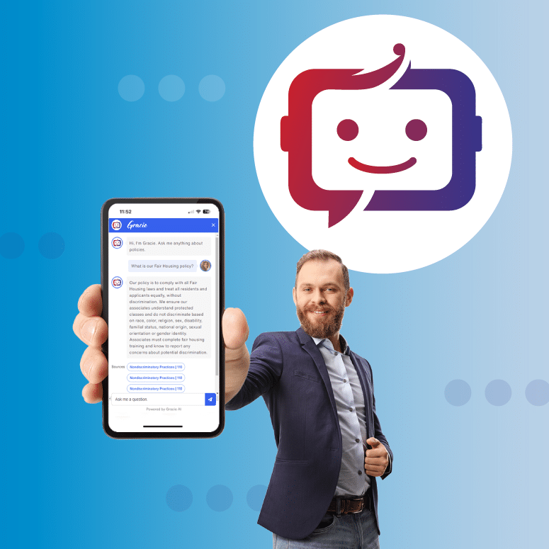 man hold iphone with icon of grace hill's gracie ai policy chatbot