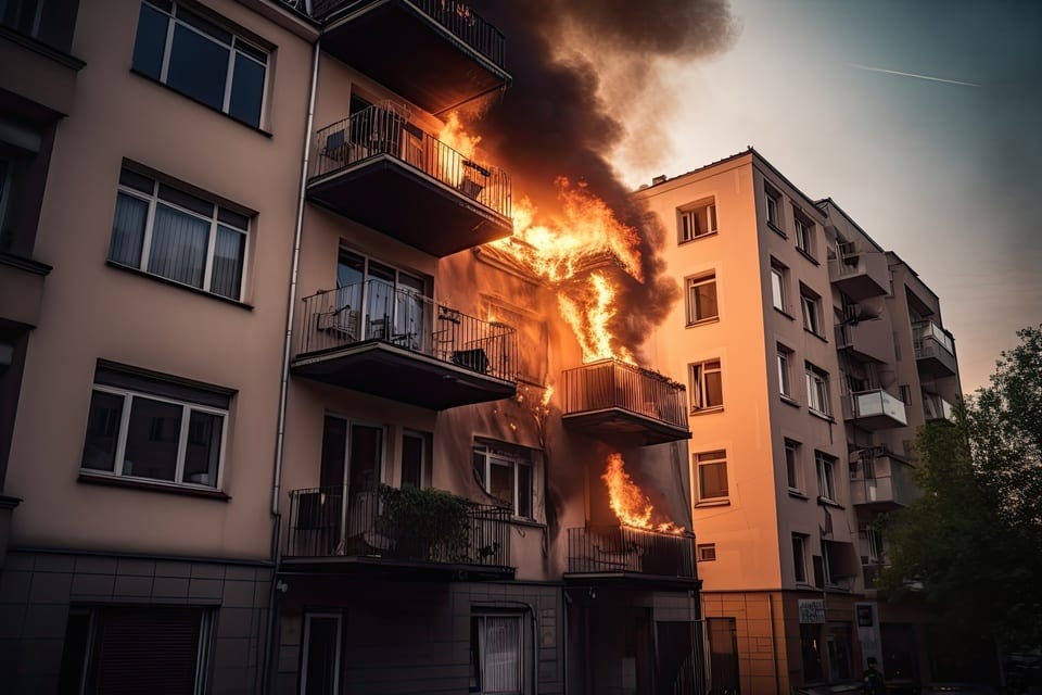 fire in the apartment. flames engulf an apartment in a multi-story building. AI Generative