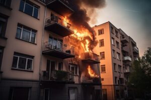 fire in the apartment. flames engulf an apartment in a multi-story building.