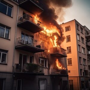 fire in the apartment. flames engulf an apartment in a multi-story building.