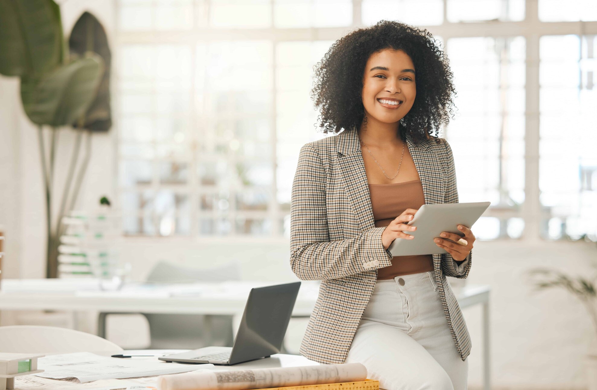 Architecture, tablet and portrait of woman in office for engineering, internet and buildings. Digital, construction and creative with female designer for project management, website and technology.