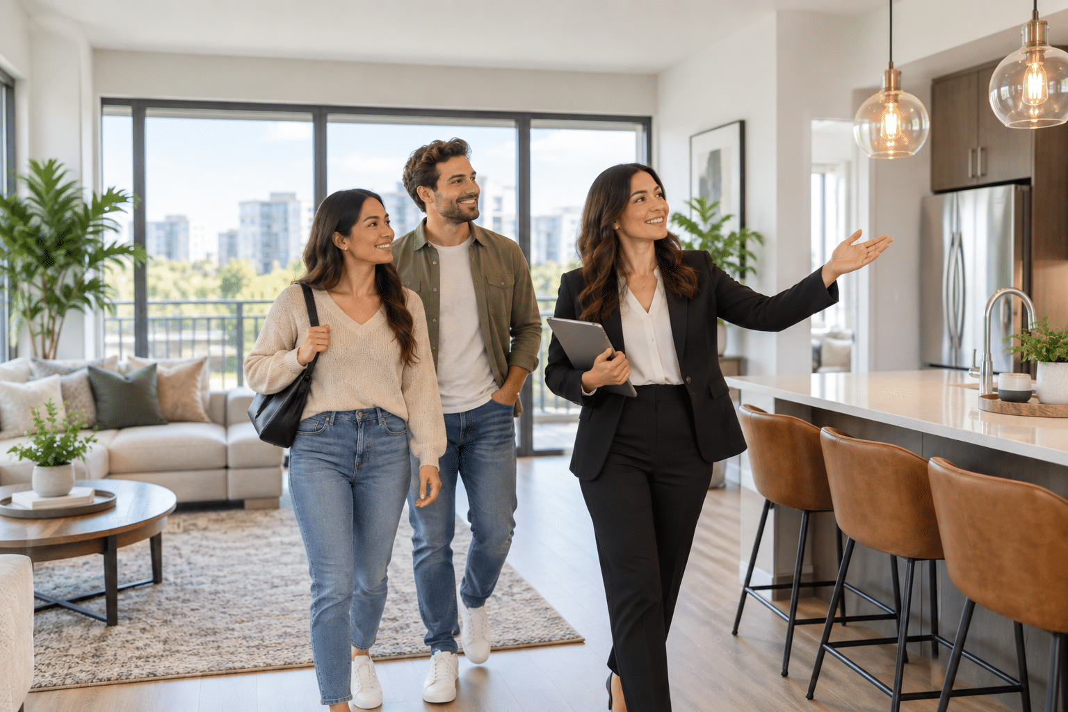 Leasing agent with a tablet showing a young couple around a modern apartment with a kitchen island and city views
