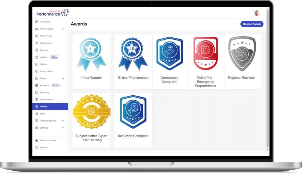 laptop mockup of performancehq training awards dashboard