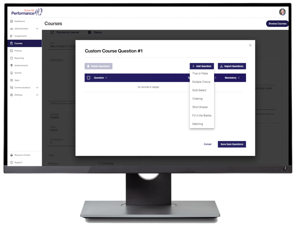 Adding Quizzes to Custom Course builder in performancehq mockup