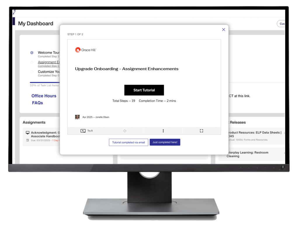 desktop mockup of grace hill's performancehq training tutorial builder, assignment notification, capture wizard