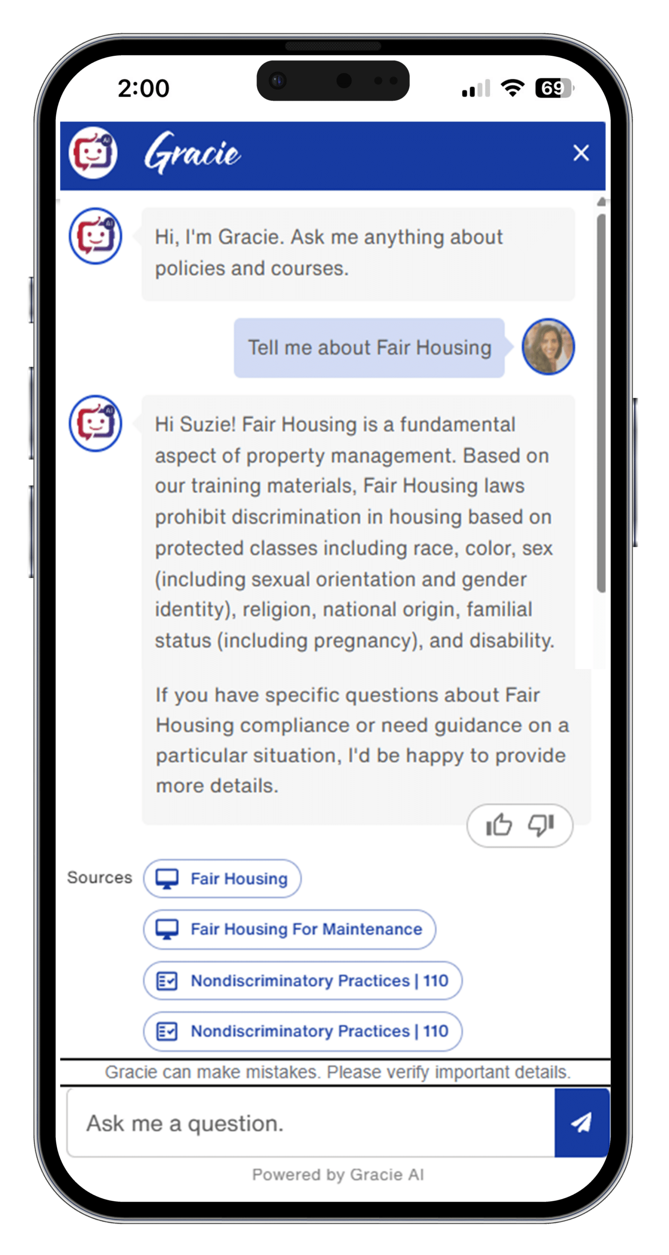 grace hill AI chatbot, Gracie mockup on mobile phone regarding fair housing