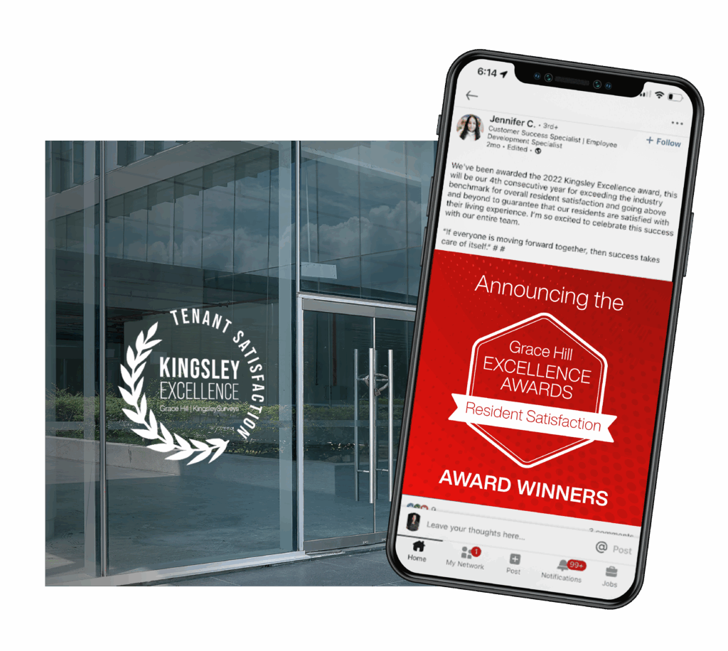 grace hill excellence and kingsley excellence awards mockup - window cling and social post on mobile phone