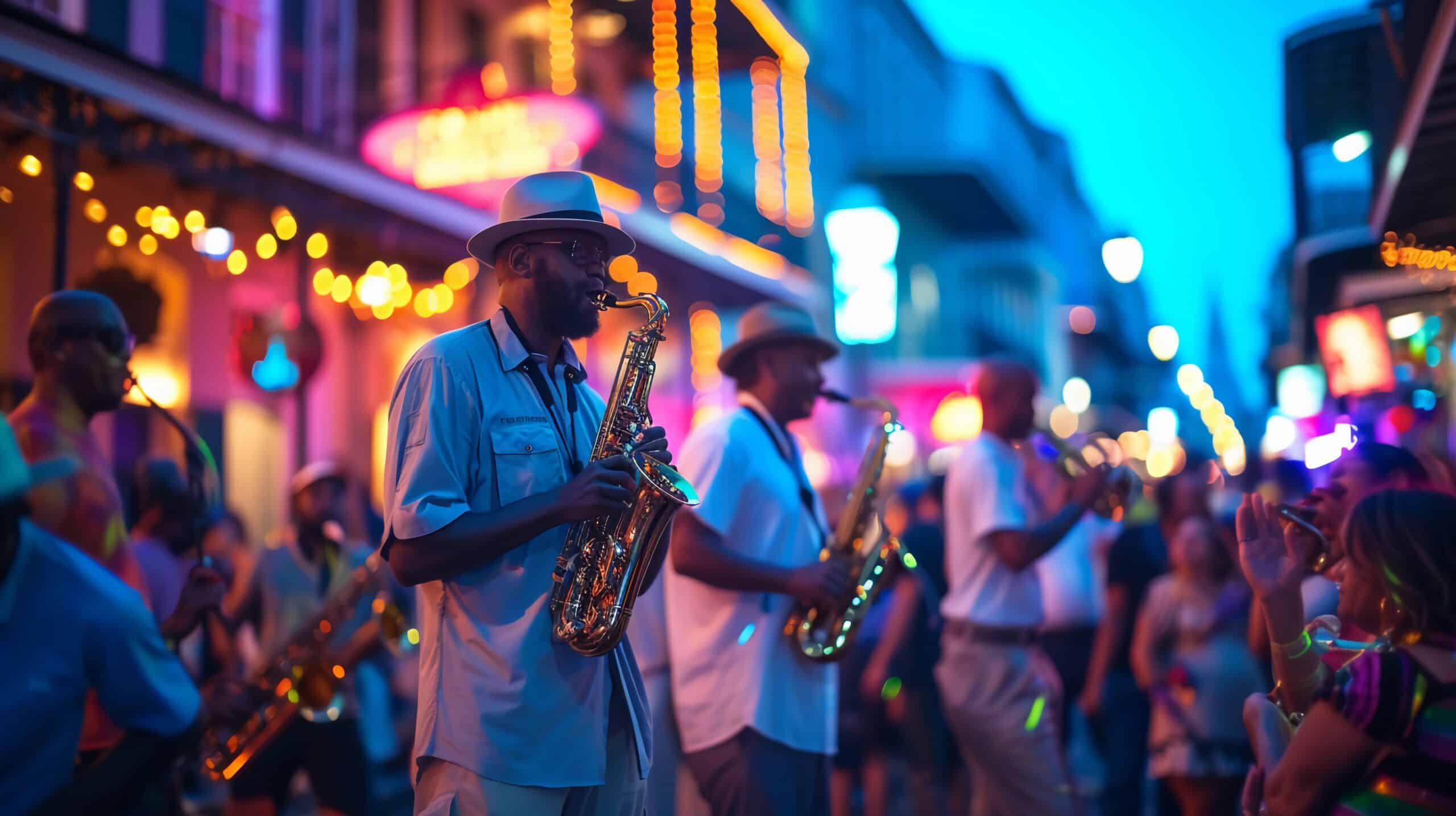 azz musicians in New Orleans. Mardi Gras street parade. Jazz Appreciation Month. AI Generative