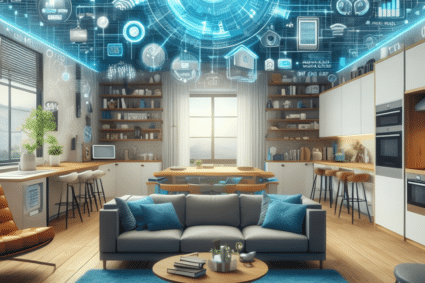 Apartment living room with AI and smart home icons overlaid, representing how AI search surfaces property information for renters