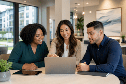 A diverse group of multifamily housing professionals gathers around a tablet in a bright, modern leasing office during a collaborative onboarding and fair housing training session.