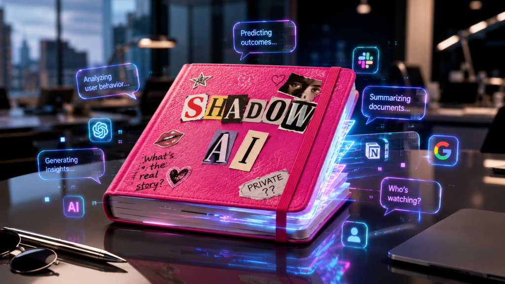 A closed hot pink scrapbook-style notebook labeled “SHADOW AI” in colorful cutout letters sits on a glossy modern office desk. Neon holographic chat bubbles and app icons glow and spill from its pages against a softly blurred corporate office background.