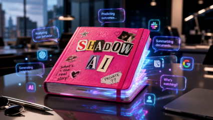 A closed hot pink scrapbook-style notebook labeled “SHADOW AI” in colorful cutout letters sits on a glossy modern office desk. Neon holographic chat bubbles and app icons glow and spill from its pages against a softly blurred corporate office background.