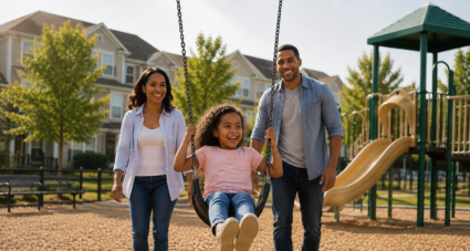 Smiling family enjoying a neighborhood playground as a young child swings, with play equipment and residential homes in the background.