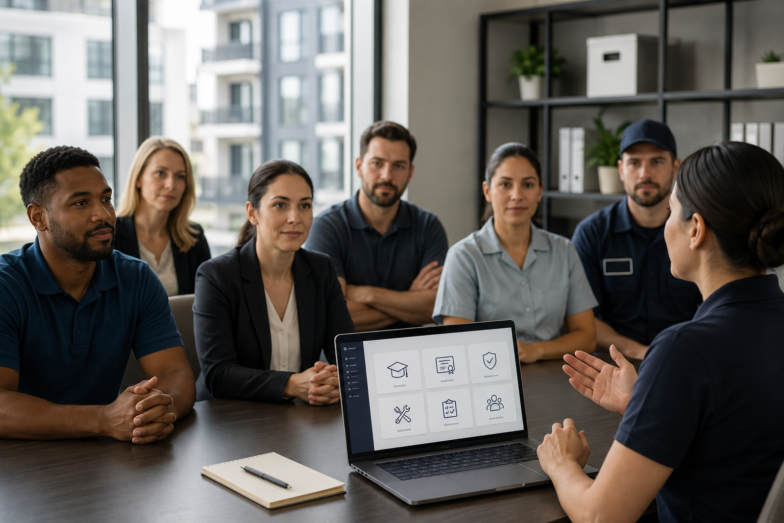 Diverse multifamily property management team participating in a training session around a conference table, with a laptop displaying online learning and compliance tools.