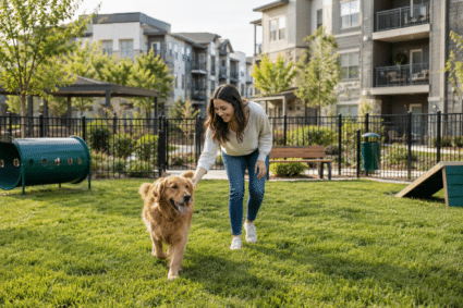 Resident with a golden retriever in a fenced dog park at a modern multifamily apartment community.