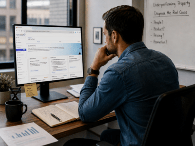 Property management professional reviewing Intelligence+ property performance insights on a desktop computer, with notes outlining people, product, pricing, and promotion factors.