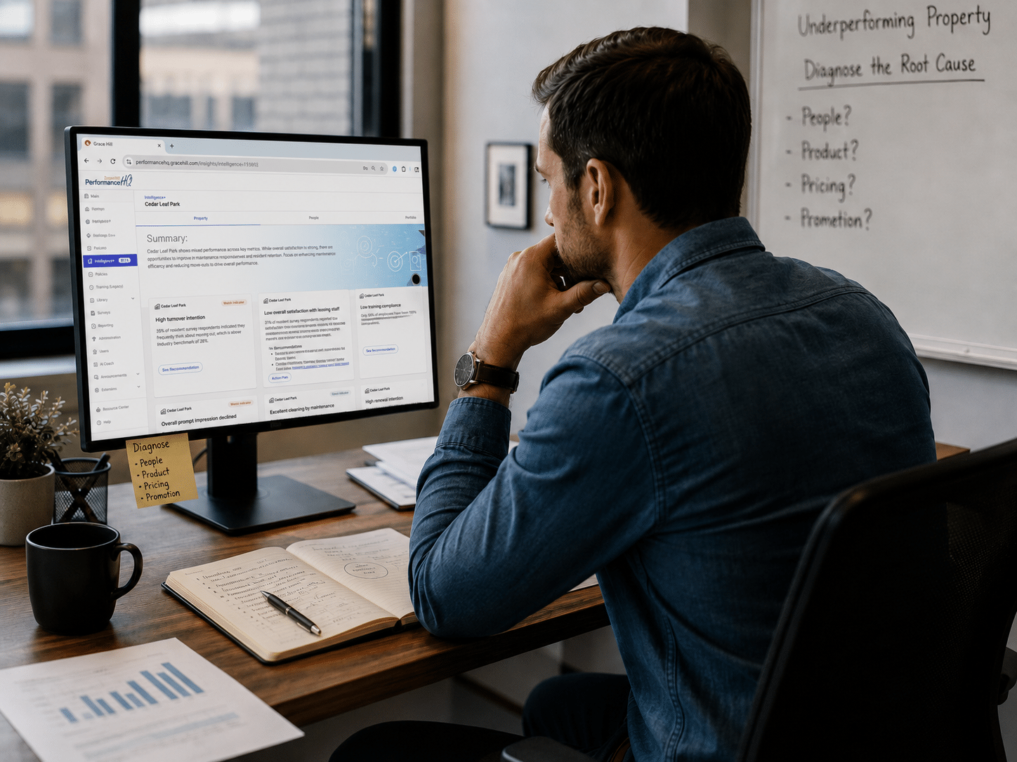 Property management professional reviewing Intelligence+ property performance insights on a desktop computer, with notes outlining people, product, pricing, and promotion factors.