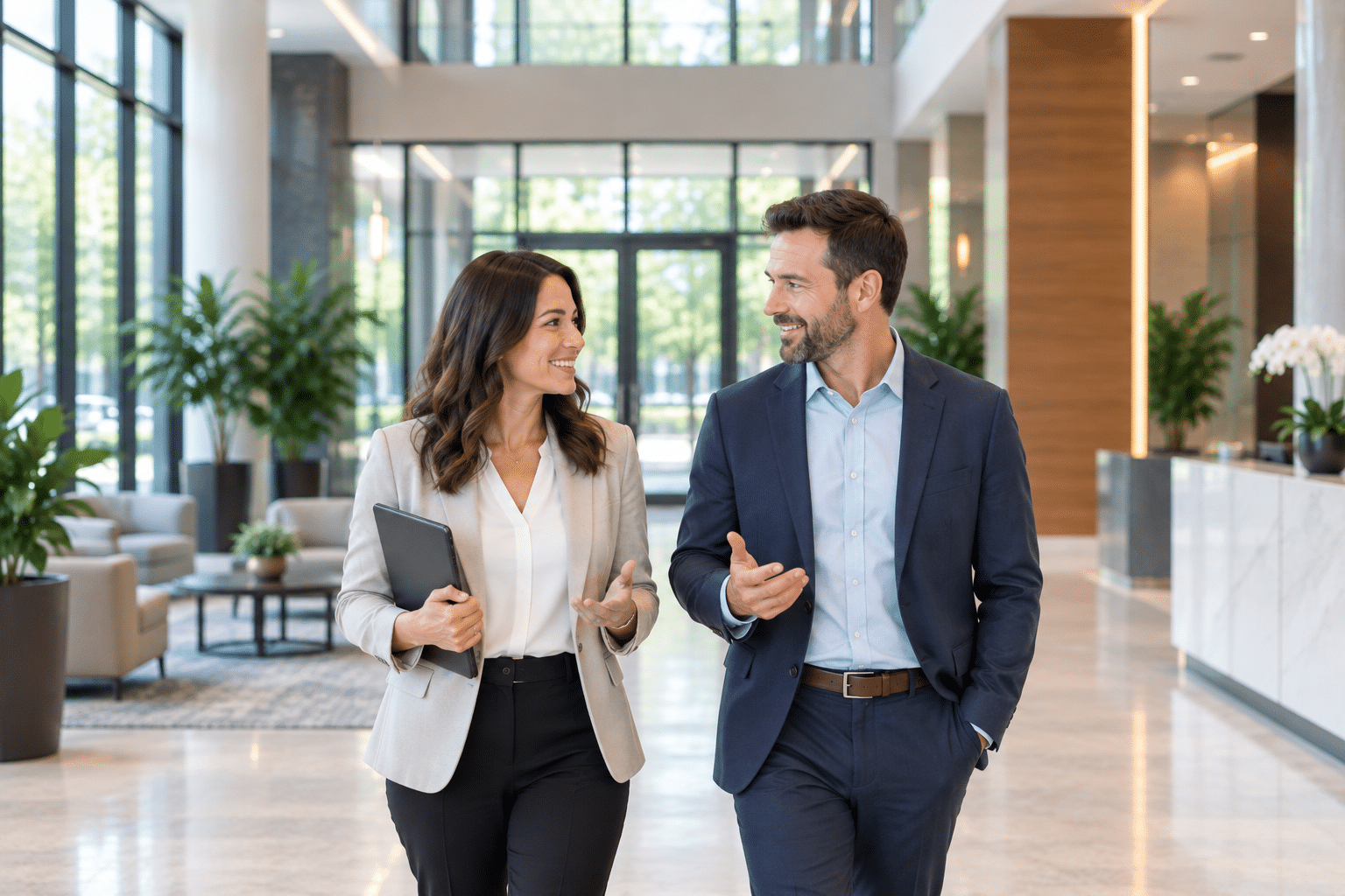 Commercial property manager and tenant discussing building operations in a modern office lobby