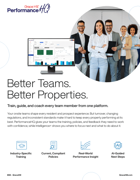 PerformanceHQ multifamily workforce development flyer showing a smiling property team and platform dashboard