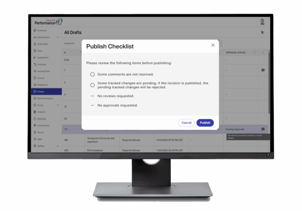 Policies in PerformanceHQ Collab Product image on desktop, with pop out box