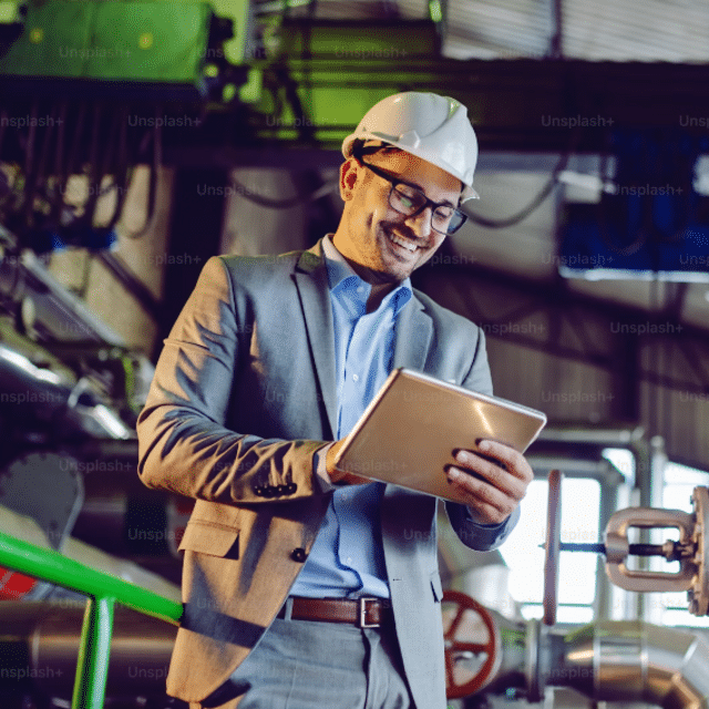 Operator smiling while looking at tablet in a warehouse