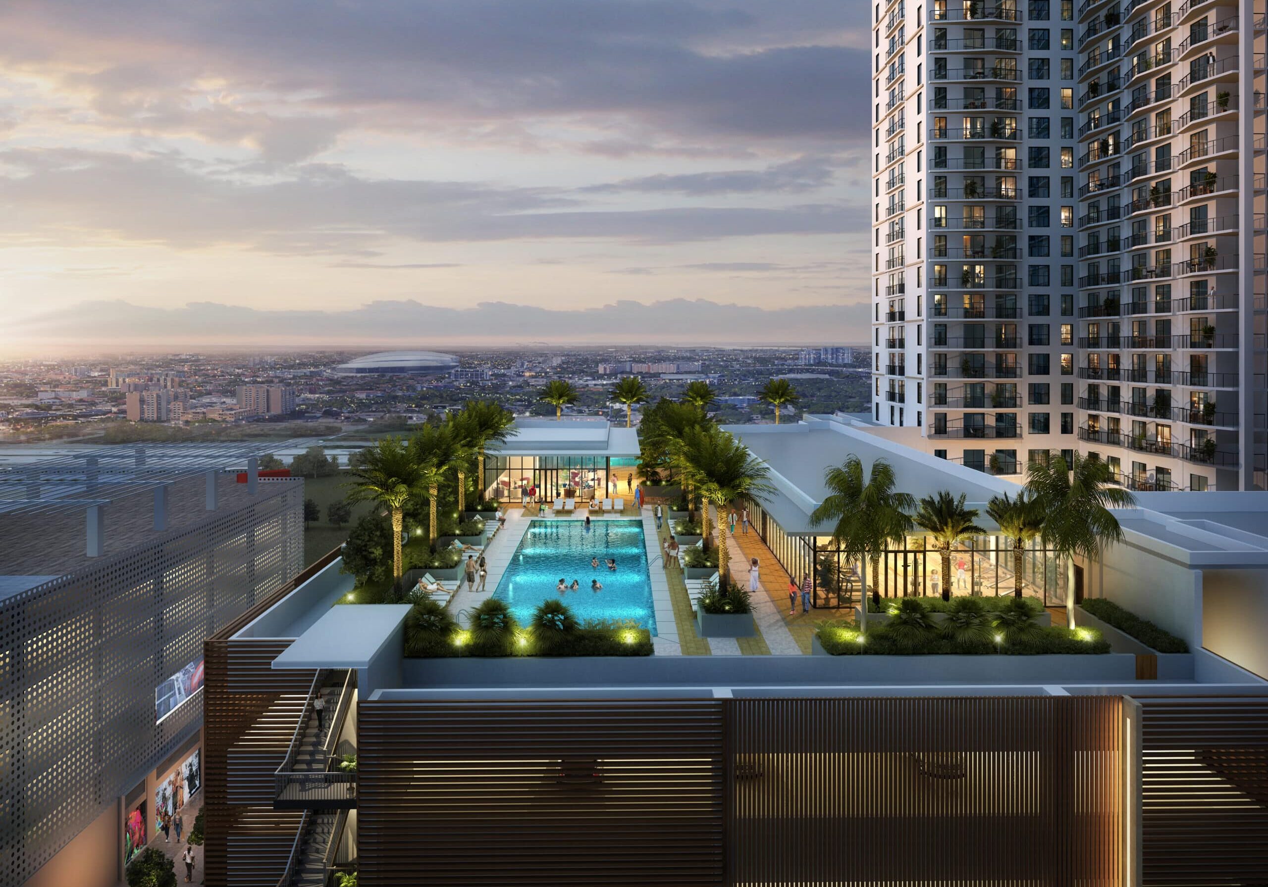 outside pool view of apartment complex owned by atlantic pacific companies